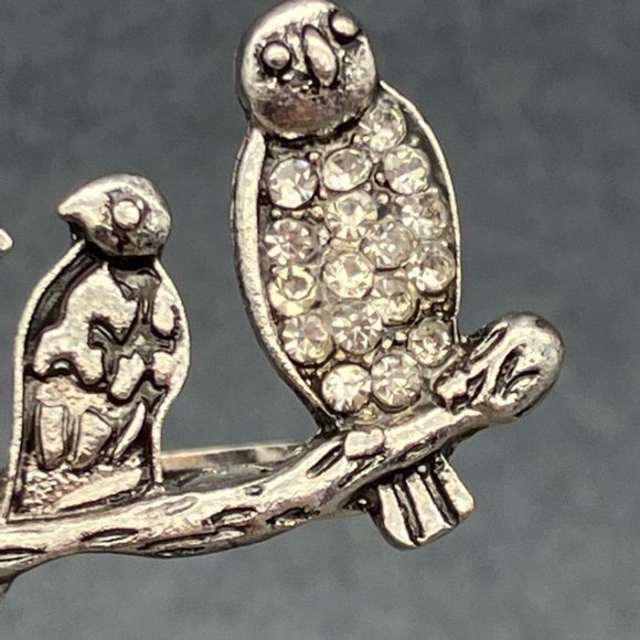 Perched Birds Double Ring Branch Silver Rhinestone Retro BoHo Soft Girl Cottage - Picture 4 of 10